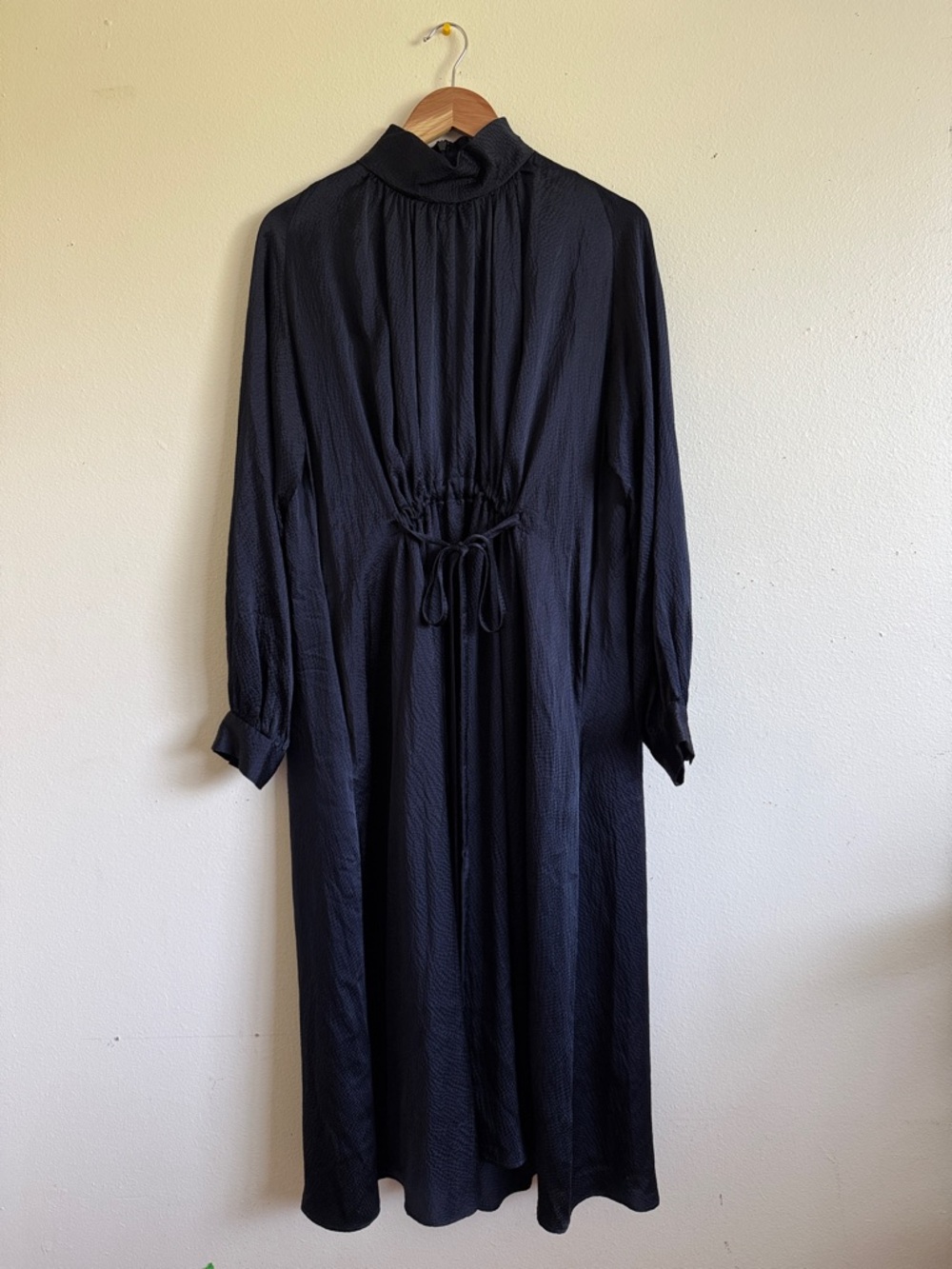 Rachel Comey “Hammered Silk Hanley” Navy Textured Long-Sleeve Midi Dress